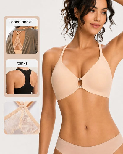 Front Closure Wireless Plunge Lace Racerback Bra