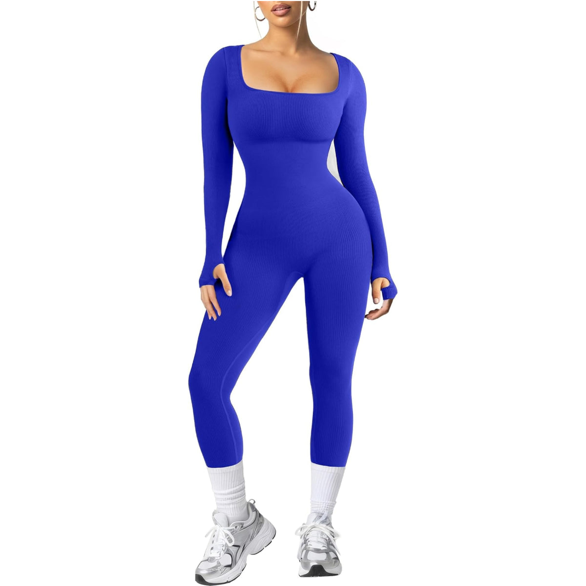 Women Long Sleeve Built-In Bra Square Neck Jumpsuits