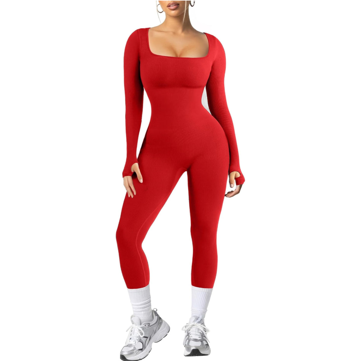 Women Long Sleeve Built-In Bra Square Neck Jumpsuits