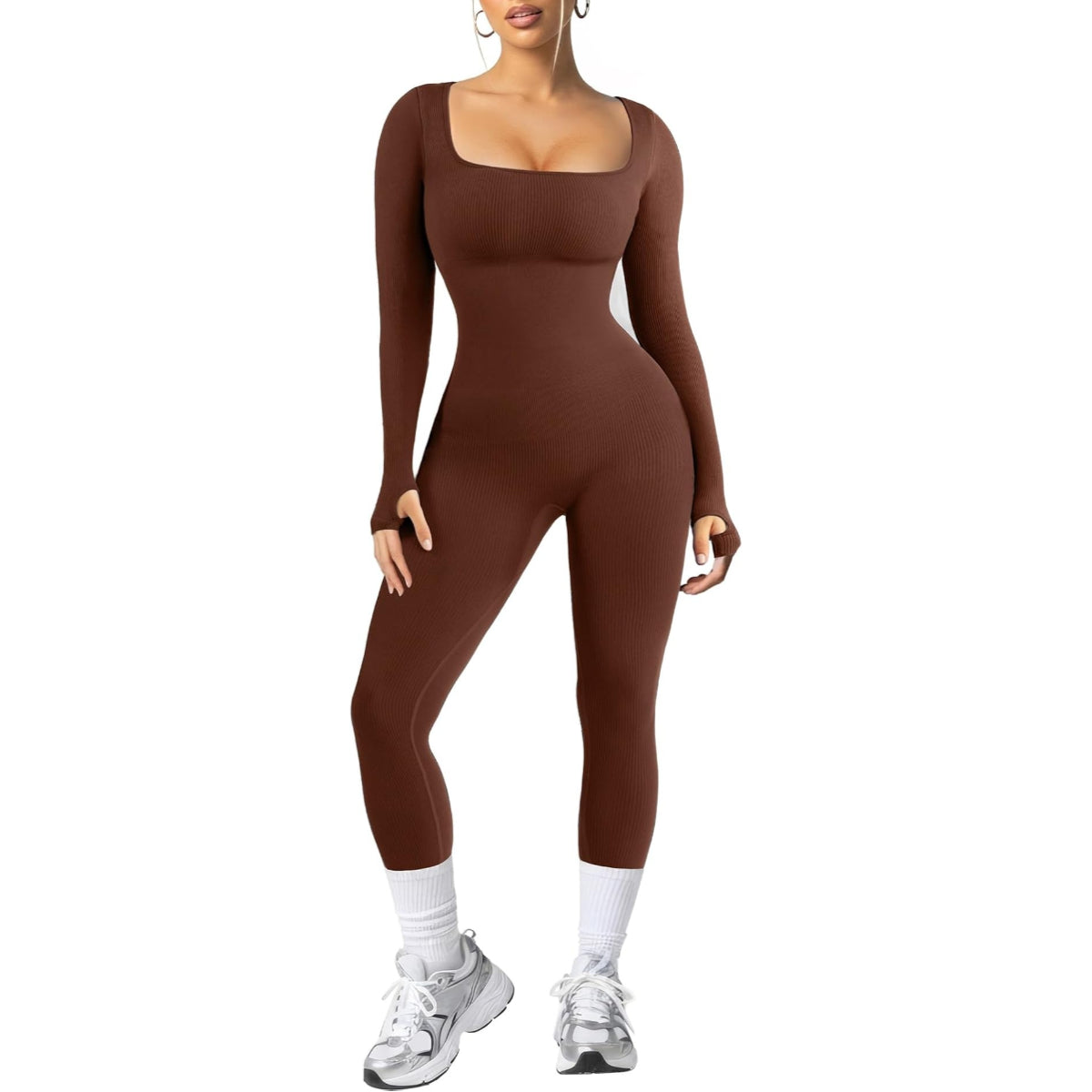 Women Long Sleeve Built-In Bra Square Neck Jumpsuits