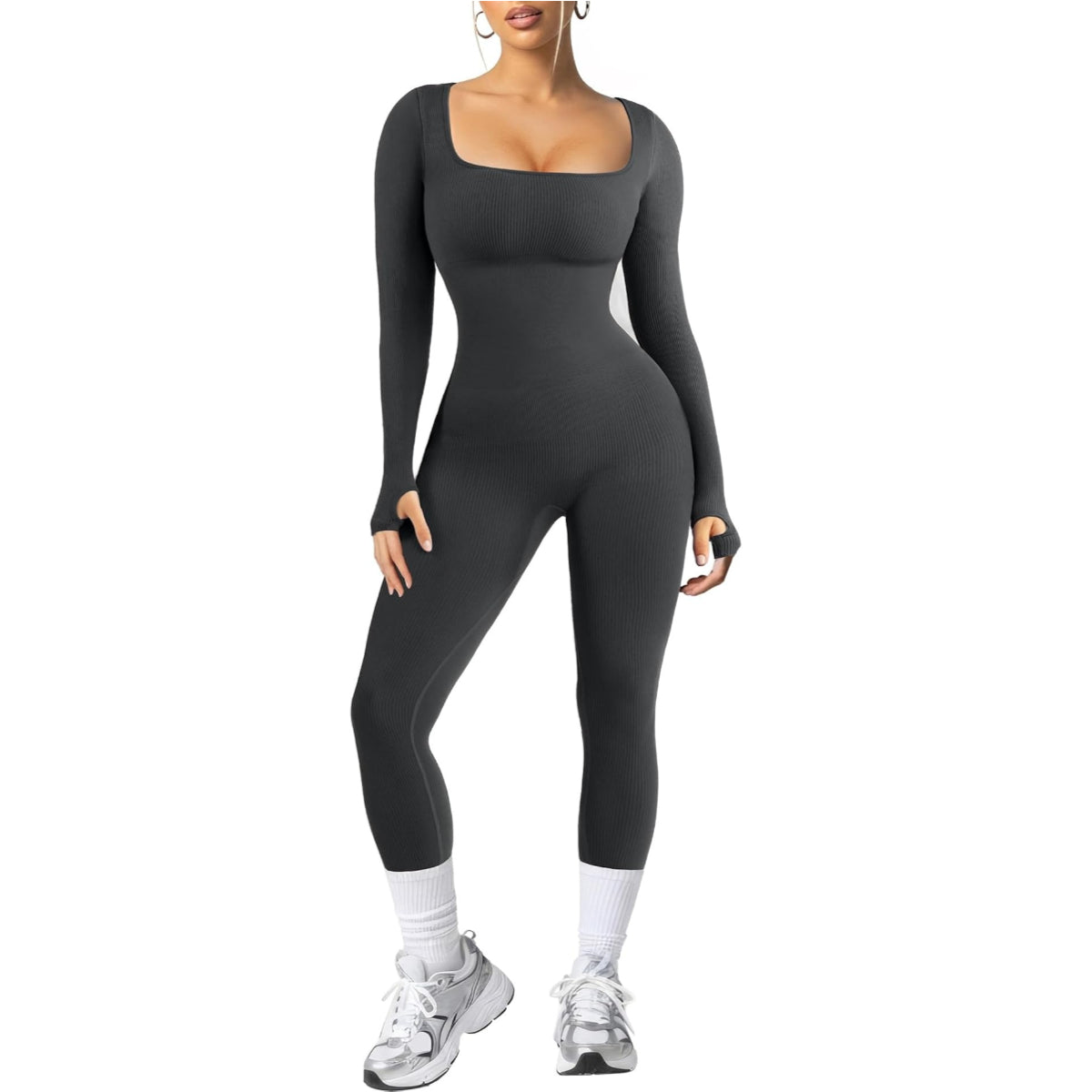 Women Long Sleeve Built-In Bra Square Neck Jumpsuits