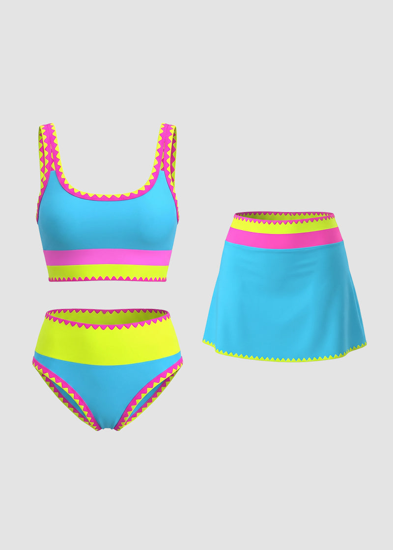 Color Contrast Patchwork Nylon Sporty 3 Piece Bikini Sets
