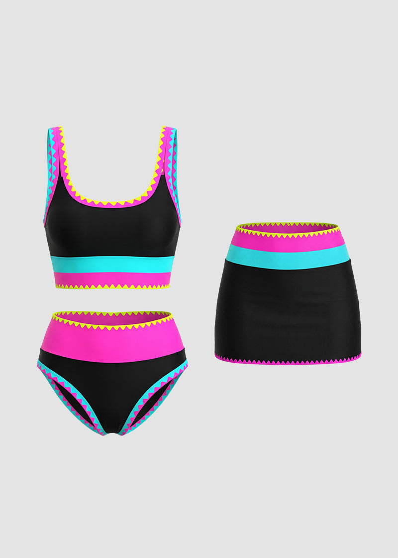 Color Contrast Patchwork Nylon Sporty 3 Piece Bikini Sets
