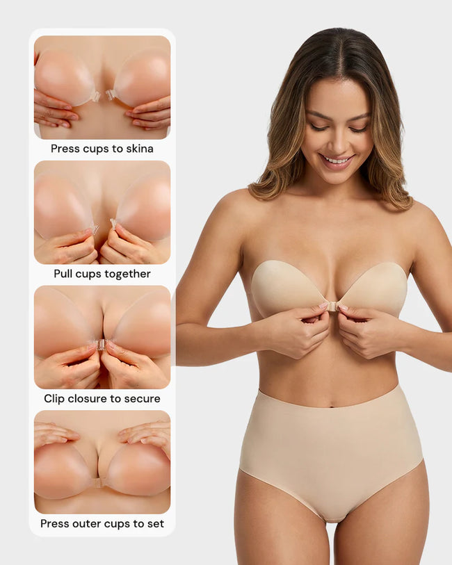 Adhesive bra application and outfit use