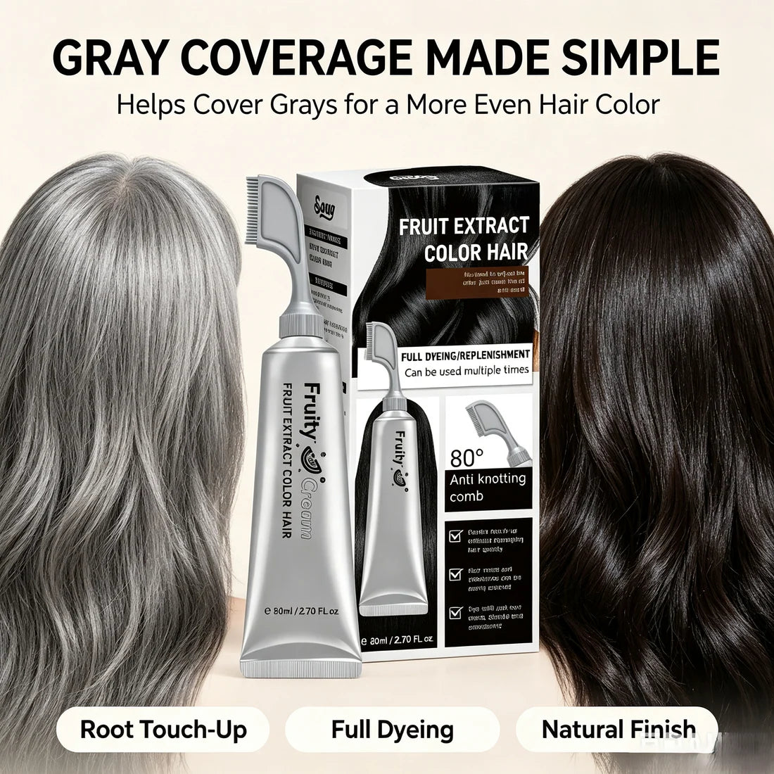 Fruit Extract Hair Dye Comb / Hair Dye Cream — Portable Home Use, Gentle Plant-Based Hair Dye for Full Hair Coloring, Reusable No Mix Hair Color