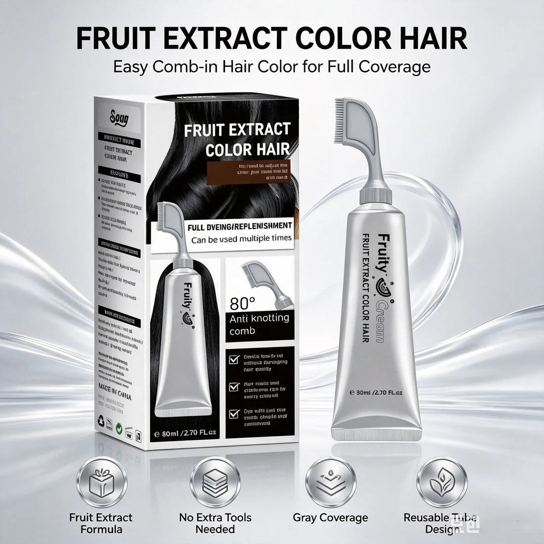 Fruit Extract Hair Dye Comb / Hair Dye Cream — Portable Home Use, Gentle Plant-Based Hair Dye for Full Hair Coloring, Reusable No Mix Hair Color