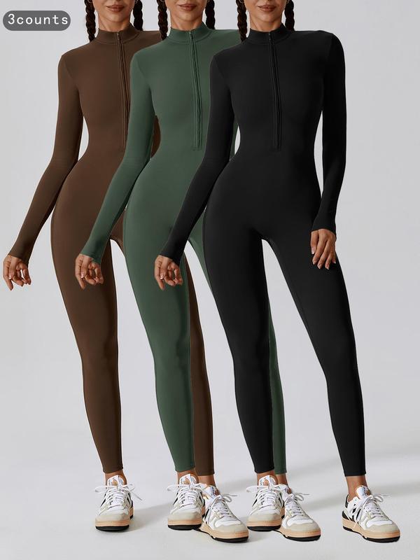 Women's Solid Zip Up Long Sleeve Sports Jumpsuit