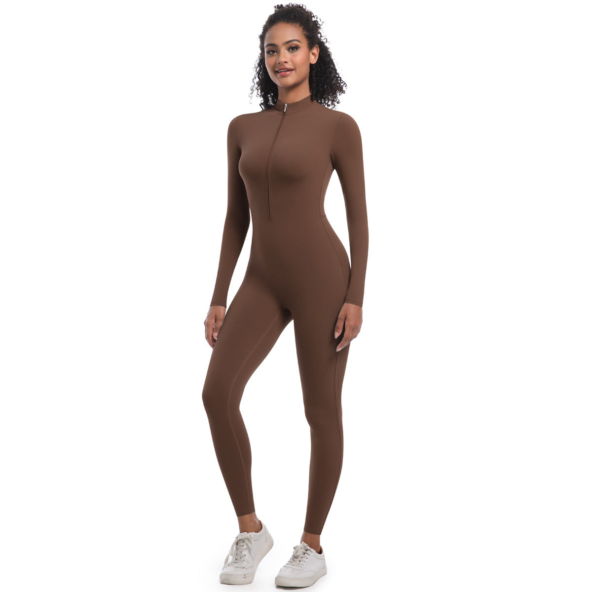 Women's Solid Zip Up Long Sleeve Sports Jumpsuit