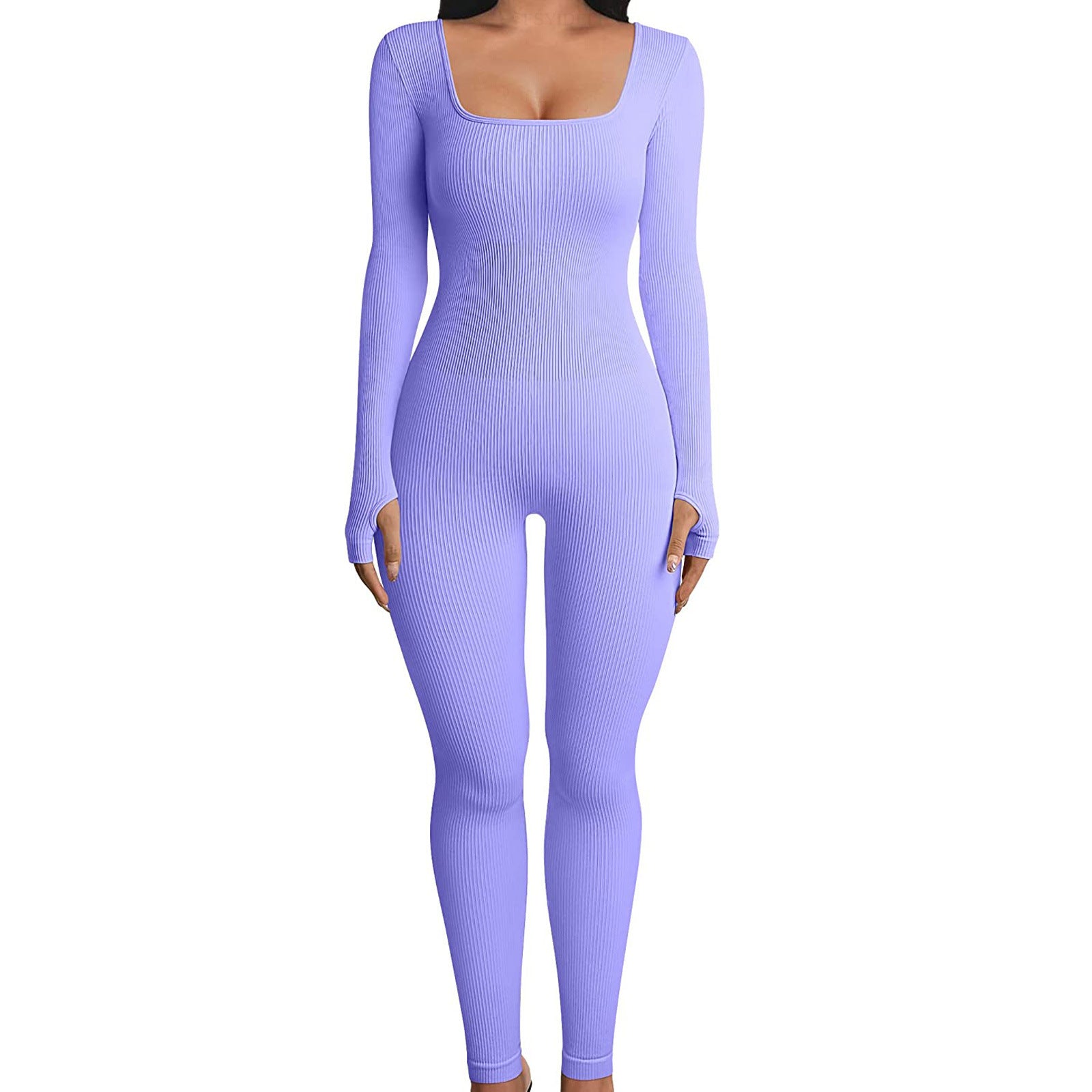 Women Long Sleeve Built-In Bra Square Neck Jumpsuits