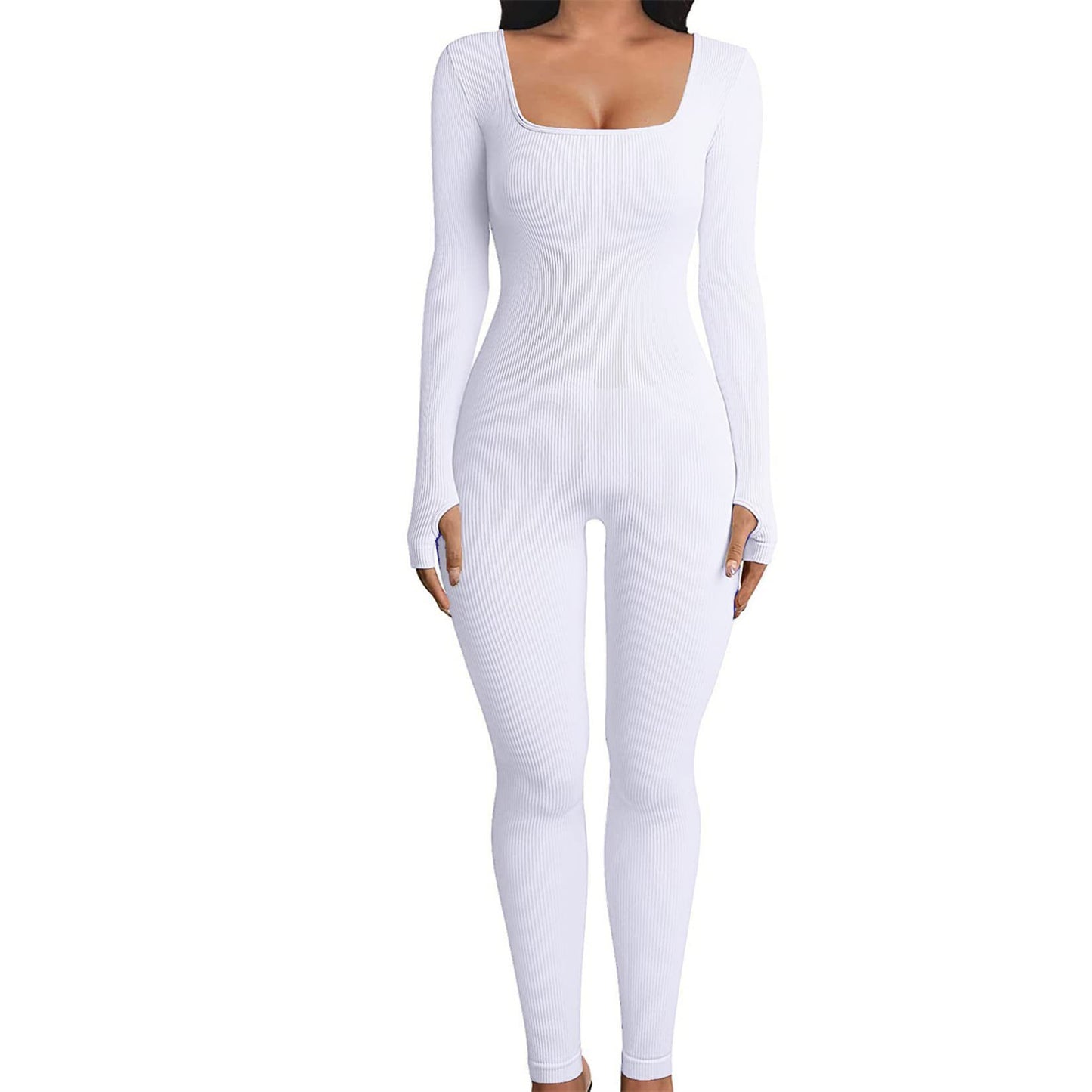 Women Long Sleeve Built-In Bra Square Neck Jumpsuits