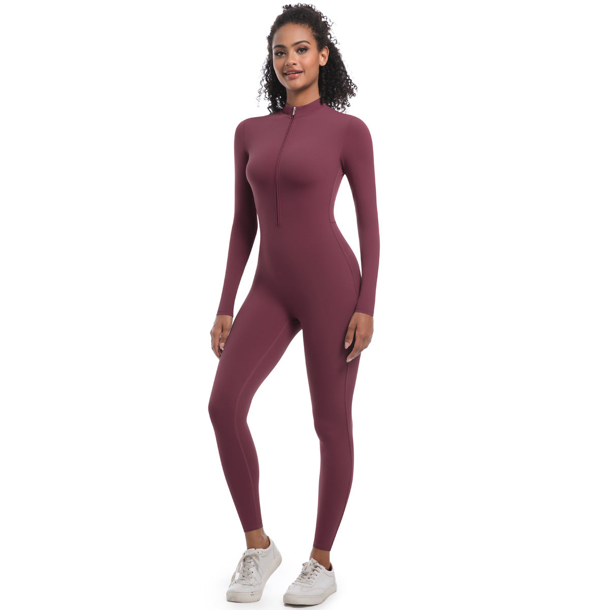 Women's Solid Zip Up Long Sleeve Sports Jumpsuit