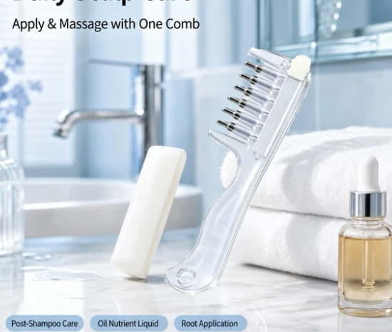 💧Refillable Scalp Oil Applicator Comb with 6 Metal Massage Tips – Even Root Serum Distribution & Scalp Stimulation for Hair Care