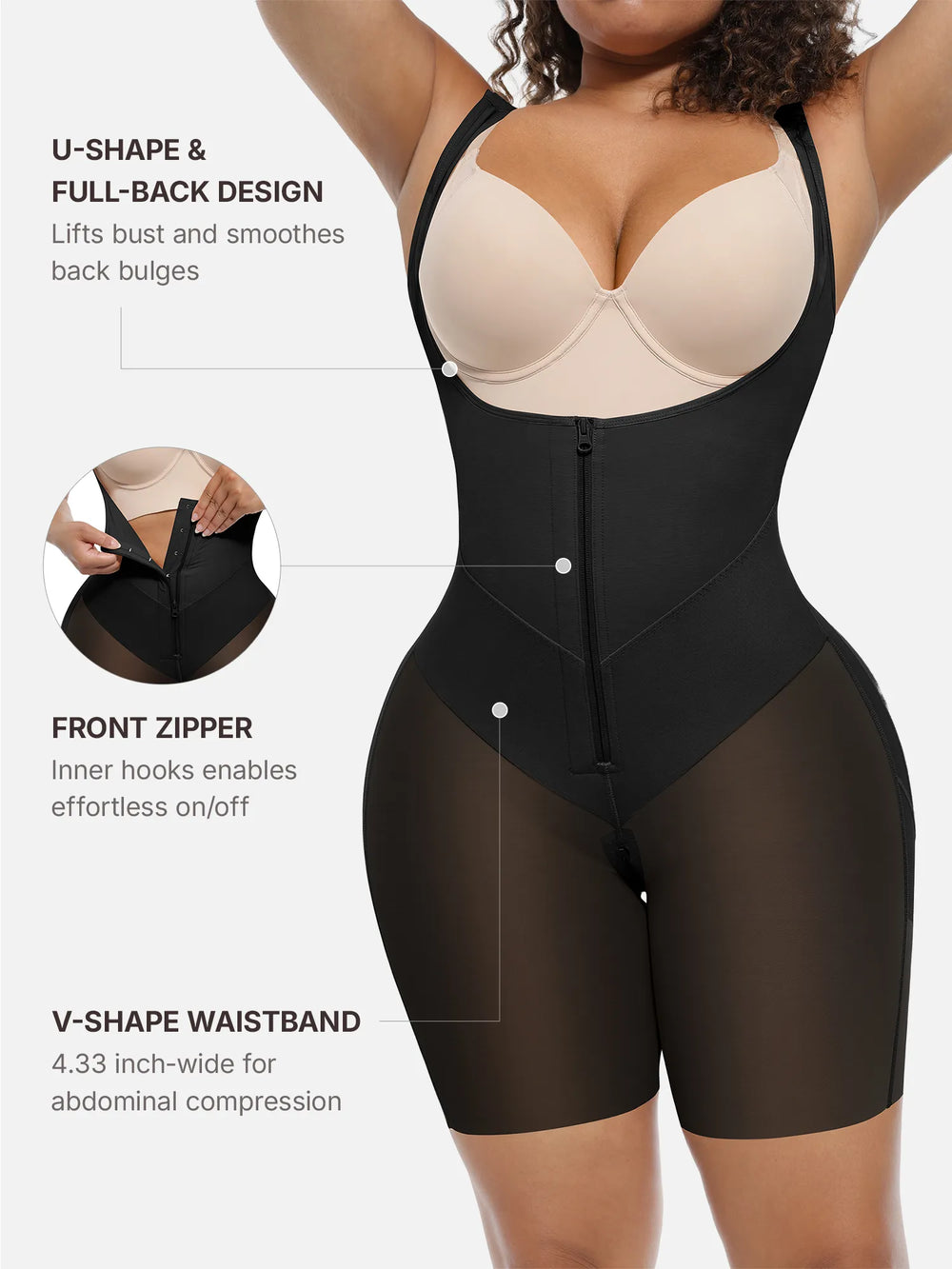 U-Shaped Faja Butt Lifting Bodysuit With Zipper Crotch